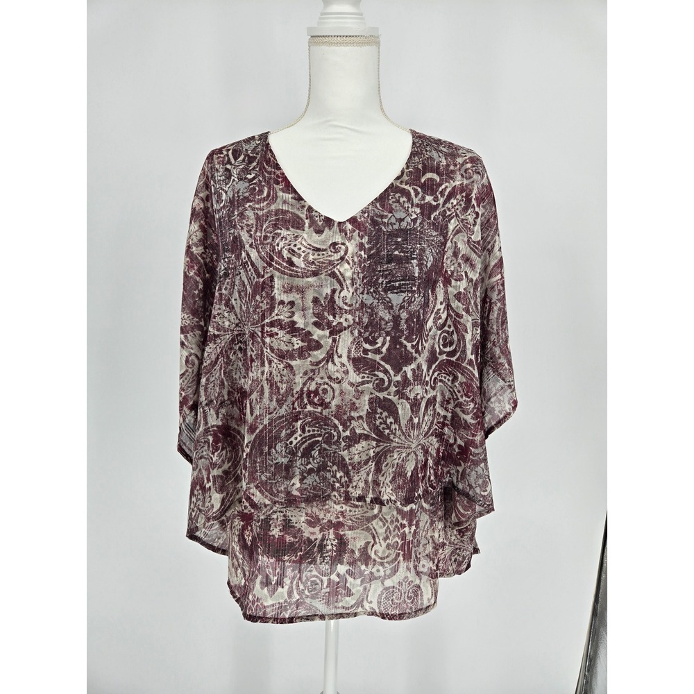Christopher & Banks Womens Large Burgundy Paisley Metallic V-Neck Tiered Blouse‎